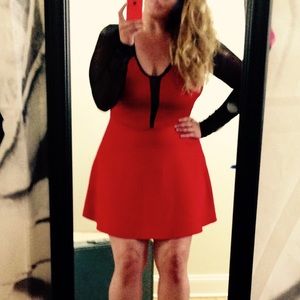 RED AND BLACK MESH LONG SLEEVE MINI DRESS